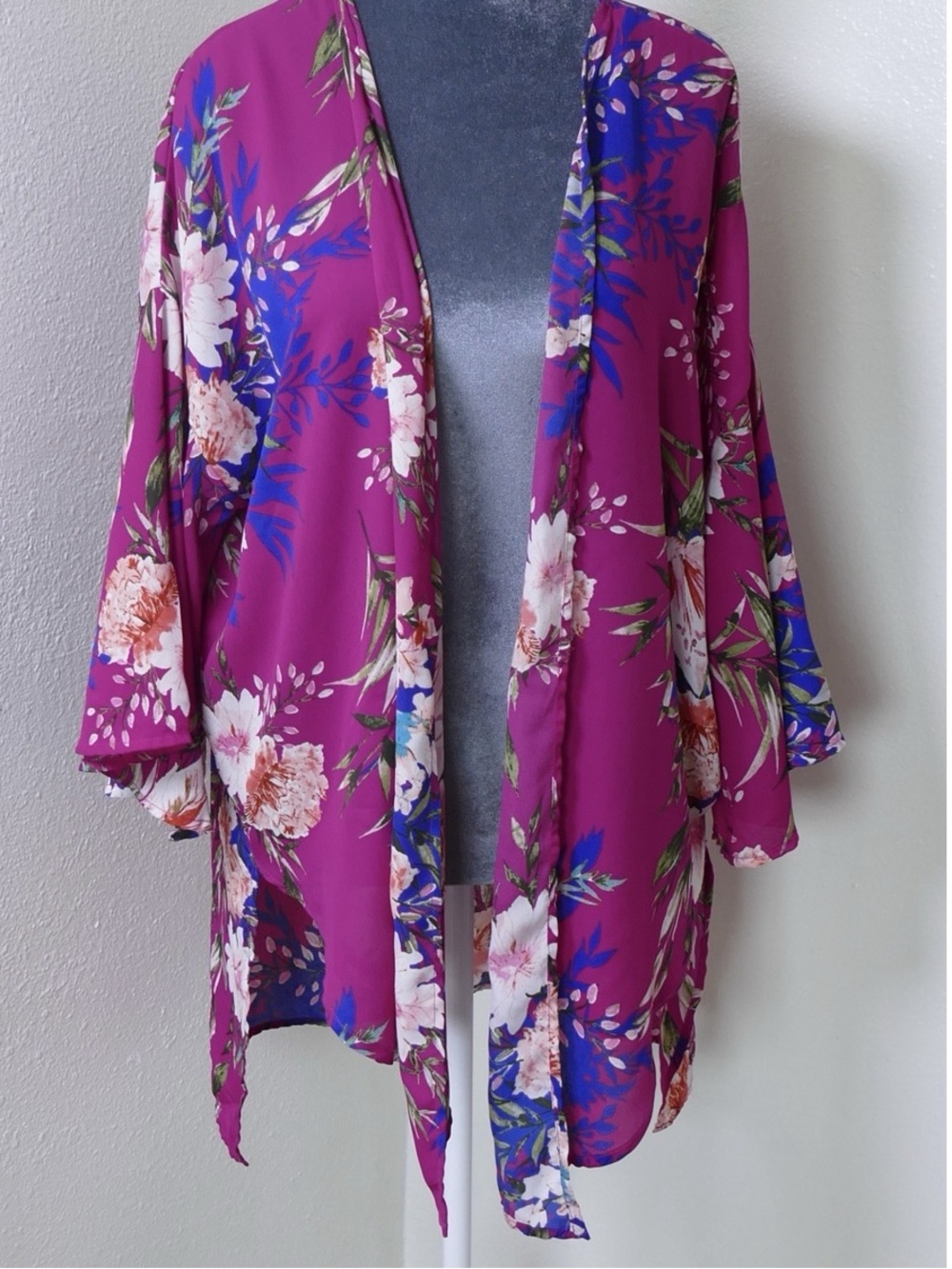 Pink Lily Floral Kimono Cardigan Large Open Front Side Slit Boho Cover Up